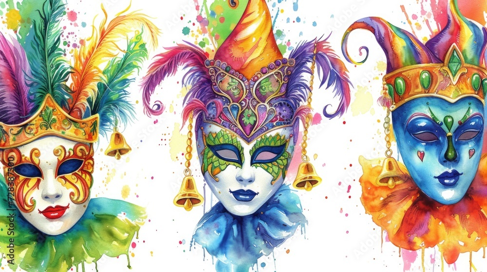Poster three vibrant masks displayed on a plain white background. perfect for various themes and occasions