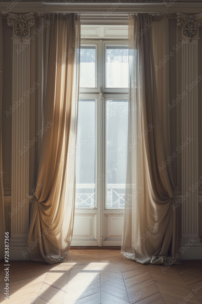 Poster a room with a large window and curtains. perfect for interior design projects or showcasing natural 