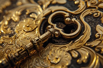A close up view of a golden key placed on a sleek black surface. This image can be used to represent concepts such as security, access, mystery, and unlocking possibilities