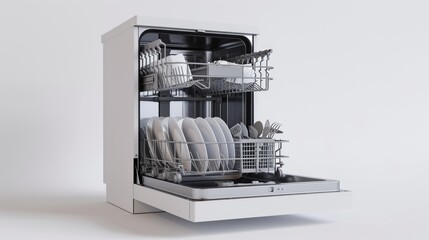 A white dishwasher filled with dishes. Ideal for showcasing modern kitchen appliances.