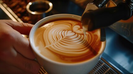 A person is shown making a cup of coffee. This image can be used to depict the process of making coffee or to illustrate a coffee-related activity