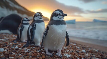 A flock of flightless adaalie penguins stands stoically on a rocky beach, gazing up at the vast sky and fluffy clouds above, showcasing the resilience and beauty of these incredible aquatic birds in 