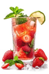 Refreshing glass of water garnished with fresh strawberries and a slice of lime. Perfect for a healthy and hydrating beverage option. Ideal for use in food and drink related projects
