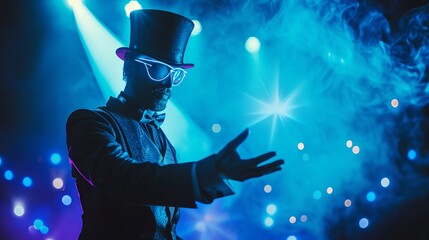 A magician or illusionist performs a magic trick while a background of blue stage lights is shown.