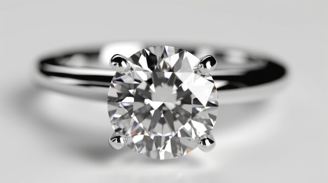 A close up view of a diamond ring placed on a white surface. This image can be used to showcase luxury, engagement, or jewelry concepts