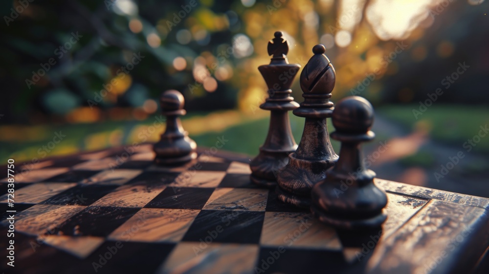 Poster A close up view of chess pieces on a chess board. Suitable for illustrating strategic thinking and decision-making concepts