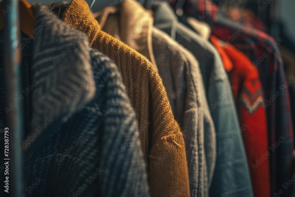 Poster A rack of sweaters hanging on a clothes rack. Perfect for showcasing different styles and colors of sweaters.