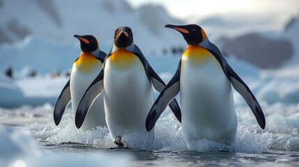 A majestic flock of diverse penguins gracefully glide through the frigid waters, showcasing their unique adaptations and showcasing the beauty of the great outdoors