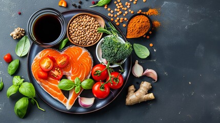 A heart-shaped platter of acai, lentils, soy sauce, ginger, salmon, carrots, and tomatoes represents a heart-healthy diet for the circulatory system.