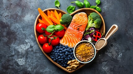 A heart-shaped platter of acai, lentils, soy sauce, ginger, salmon, carrots, and tomatoes represents a heart-healthy diet for the circulatory system.