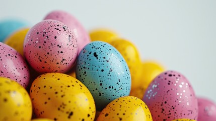 Fototapeta na wymiar A vibrant stack of speckled eggs. Perfect for Easter or spring-themed designs