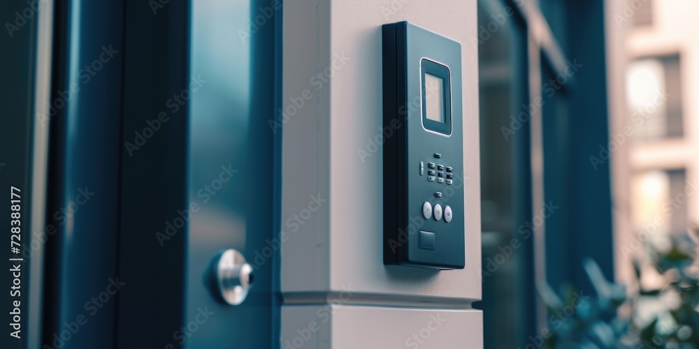 Poster A detailed close-up view of a button on a door. Can be used to depict security, access control, or home automation.