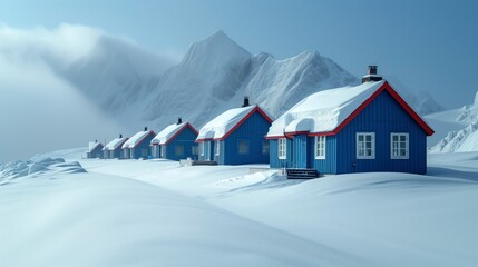 Amidst the freezing winter landscape, a row of blue houses stands proudly against the glacial mountains, creating a picturesque scene of serenity and resilience in the face of nature's harsh elements