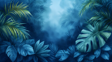 Discover tranquility with a watercolor rendering of exotic plants and palm leaves on an isolated white background, capturing the serene beauty of the blue hour.