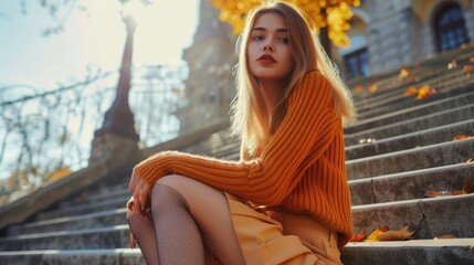 Fototapeta premium A woman sitting on the steps of a building. Suitable for various uses