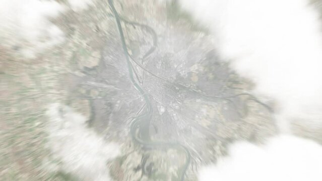 Earth zoom in from space to Mannheim, Germany. Followed by zoom out through clouds and atmosphere into space. Satellite view. Travel intro. Images from NASA