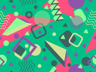 Geometric seamless pattern with memphis elements in 80s style. Colorful geometric pattern. Design of promotional products, wrapping paper and printing. Vector illustration