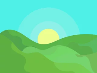Foto op Aluminium Wavy landscape with green hills and the sun on the horizon. Dawn with green meadows in a minimalist style. Design for posters, prints and banners. Vector illustration © andyvi