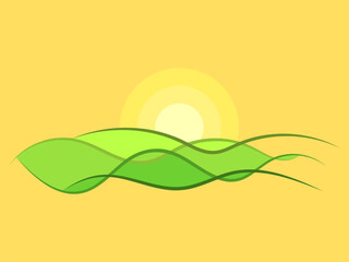 Fototapeta premium Landscape with green hills and sun in line art style. Modern sunrise design with green meadows. Dawn over green fields. Design for posters, prints and banners. Vector illustration
