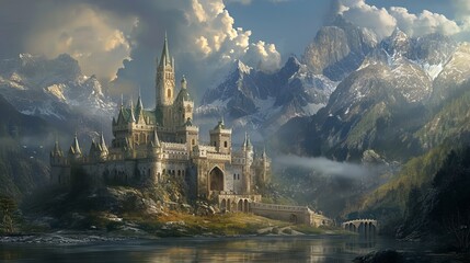 Digital illustration of a landscape with a medieval fantasy castle - obrazy, fototapety, plakaty
