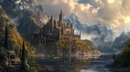 Photo sur Aluminium Gris 2 Digital illustration of a landscape with a medieval fantasy castle