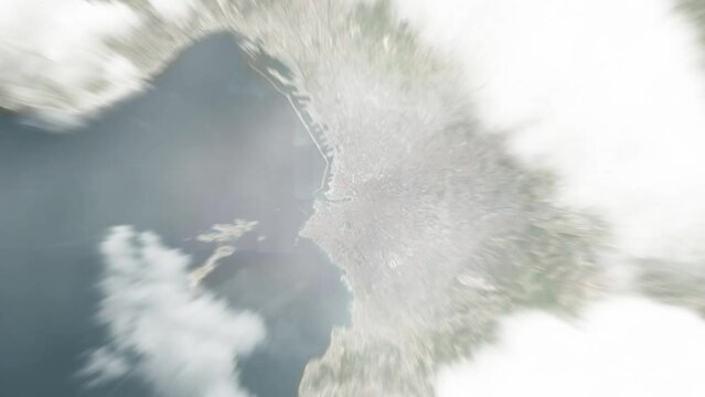 Earth zoom in from space to Marseille, France. Followed by zoom out through clouds and atmosphere into space. Satellite view. Travel intro. Images from NASA