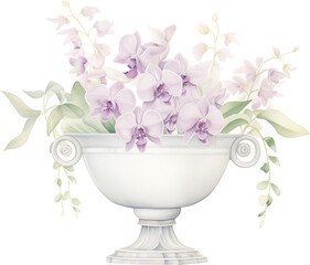 watercolor illustration centerpiece floral arrangement with lavender purple and ivory anorchids and green leaves in white classic vase on transparent background. wedding flower bouquet ornament.