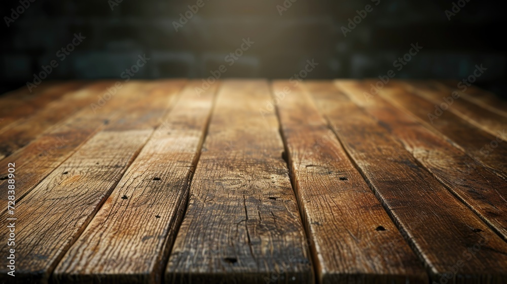 Poster A wooden table set against a brick wall. Perfect for adding a rustic touch to any space
