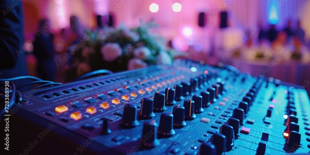 Poster a detailed view of a sound board in a room. perfect for music production or audio engineering projec