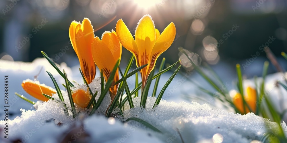 Poster a group of yellow flowers sitting on top of snow covered ground. this image can be used to depict th