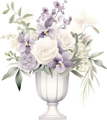 watercolor illustration centerpiece floral arrangement with lavender orchids and ivory roses and green leaves in white classic vase on transparent background. wedding flower bouquet ornament.


