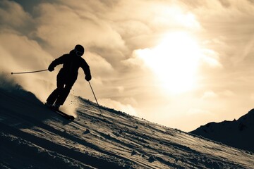 A man is skiing down a snow-covered slope. This image can be used to depict winter sports and outdoor activities
