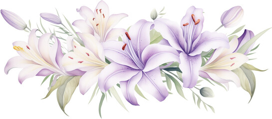 watercolor illustration decorative arrangement of flowers with ivory and purple lilies, cream academia. green leaves and stem on transparent background. wedding flower bouquet ornament.