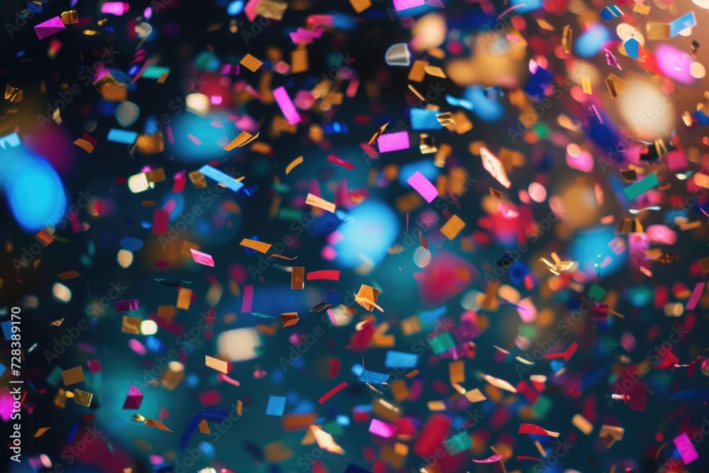 Poster colorful confetti falling from the sky, creating a festive atmosphere. perfect for party invitations