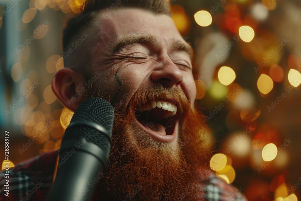Poster a man with a beard passionately singing into a microphone. perfect for music-related projects or per