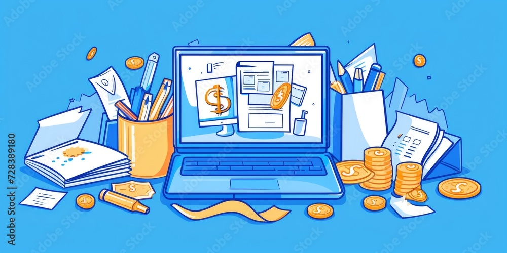 Poster a laptop computer placed on top of a pile of money. this image can be used to represent financial su
