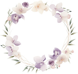Fototapeta premium watercolor illustration floral wreath with lavender and ivory orchids and green eucalyptus on transparent background. Wedding flower. wedding invitations decoration.