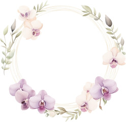 watercolor illustration floral wreath with lavender and ivory orchids and green eucalyptus on transparent background. Wedding flower. wedding invitations decoration.