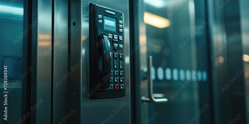 Poster A close-up view of a door with a phone attached. This image can be used to depict communication or technology concepts