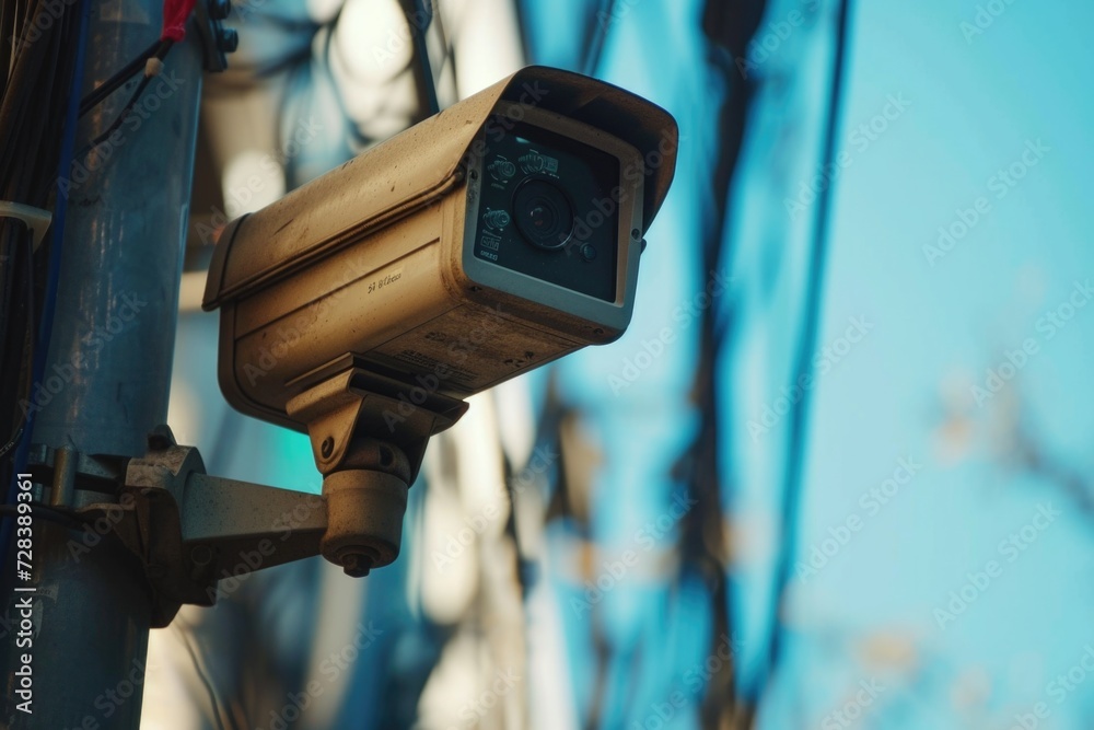 Poster a detailed view of a camera mounted on a pole. this image can be used to illustrate surveillance, se
