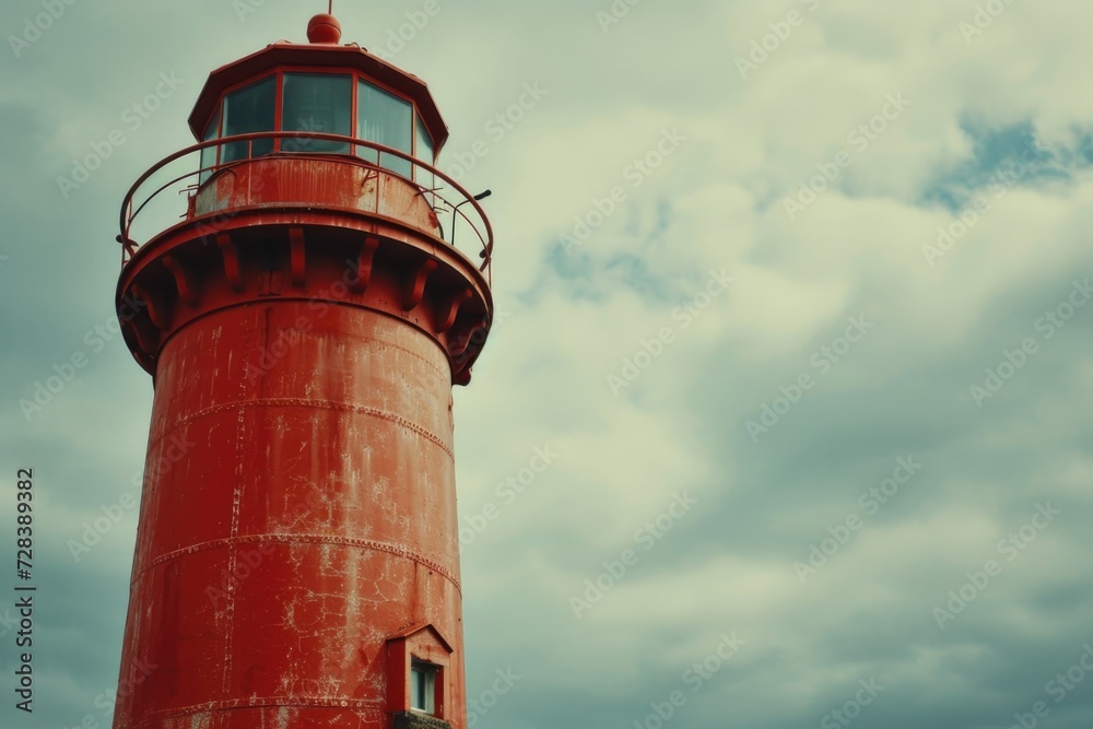 Leinwandbilder a picture of a red light house with a cloudy sky in the background. suitable for various uses