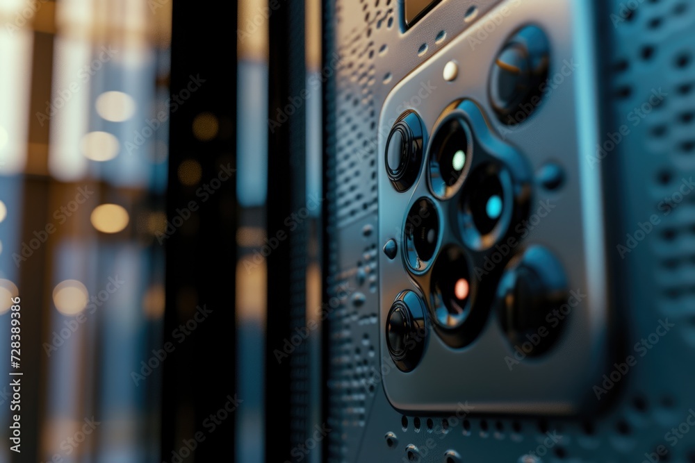 Poster a detailed view of a metal panel with various buttons. ideal for technology or industrial concepts
