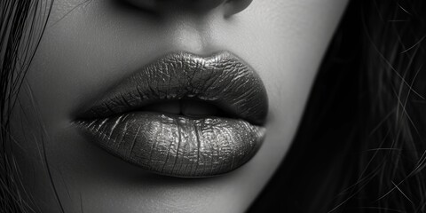 Close-up photo of a woman's lips in black and white. Perfect for beauty, fashion, or cosmetic themes