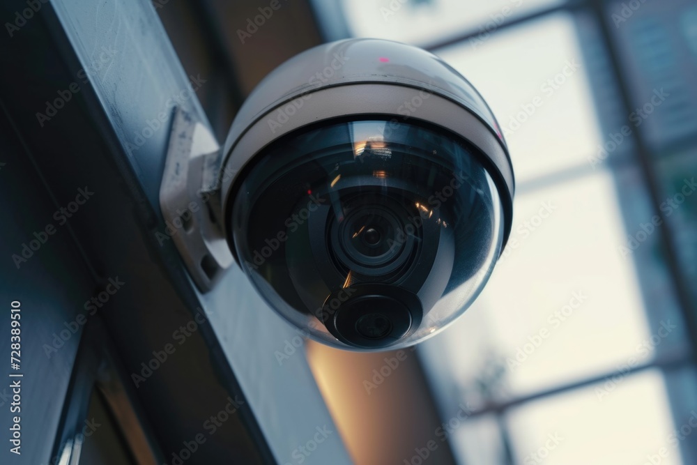 Poster a security camera mounted on the side of a building. suitable for surveillance and monitoring purpos