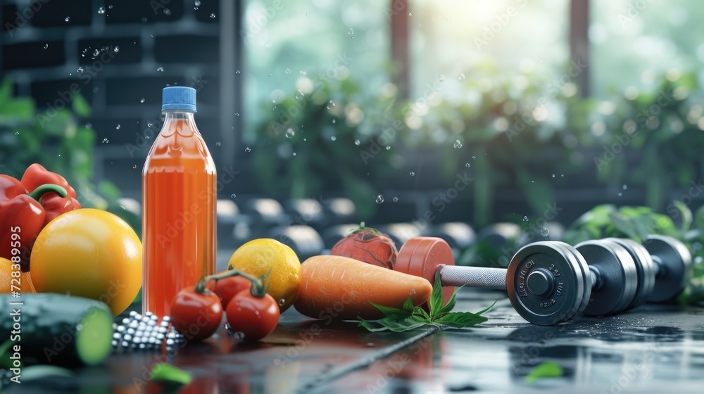 Poster a bottle of juice is placed next to a colorful bunch of fresh vegetables. this image can be used to 
