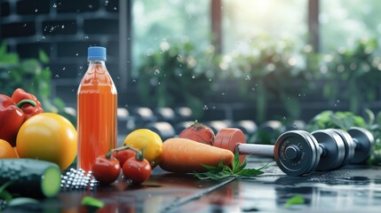 A bottle of juice is placed next to a colorful bunch of fresh vegetables. This image can be used to...
