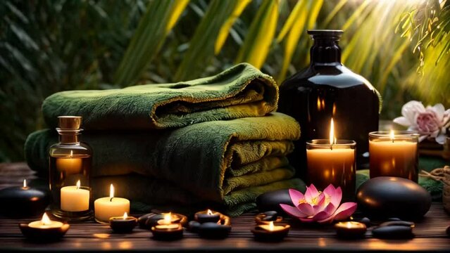 Massage stones, candles background