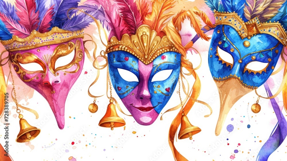 Poster a painting of three carnival masks with bells. perfect for adding a festive touch to any celebration