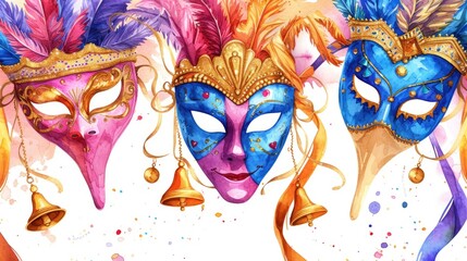A painting of three carnival masks with bells. Perfect for adding a festive touch to any celebration or event
