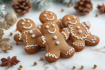 Freshly decorated gingerbread men lie on a white table.